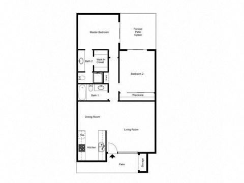 Floor plan for 2 beds, 2 baths, 960 sqft